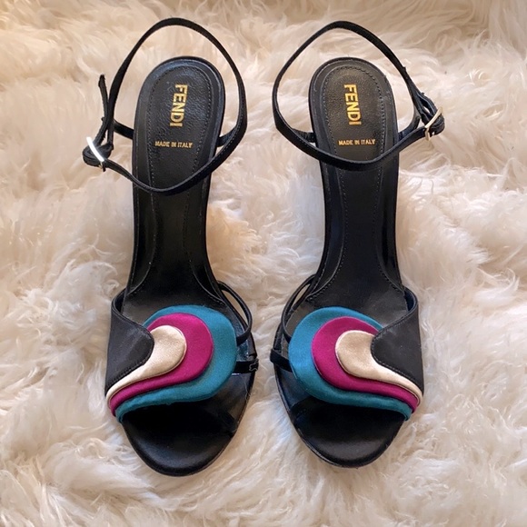 Fendi Shoes - FENDI Satin Heels. Black & Multicolor. Size 39.5 EU 9.5 US. Open Toe. Like New
